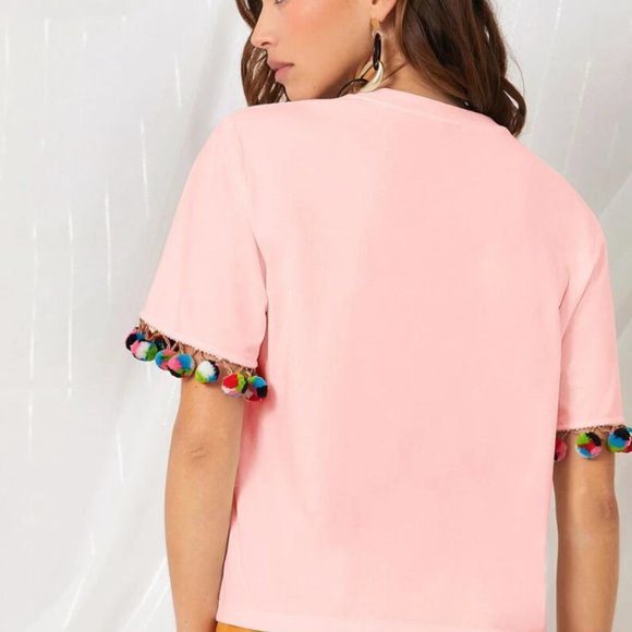 Shein Pink Pom Pom Trimmed Sleeve Tee Shirt - Picture 2 of 15